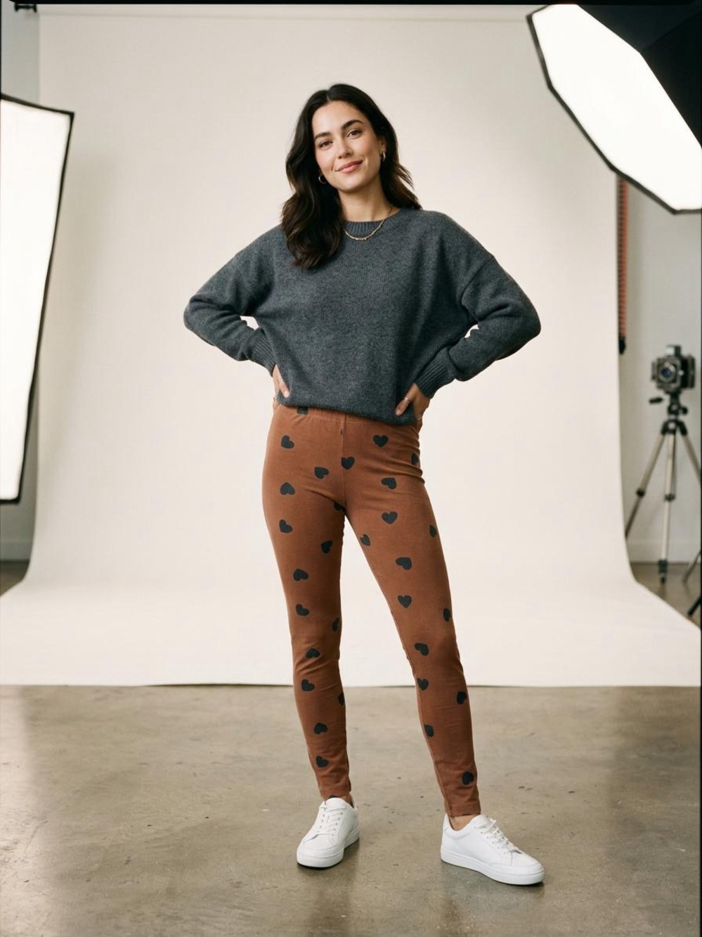 Kids Heart Print Brown Leggings